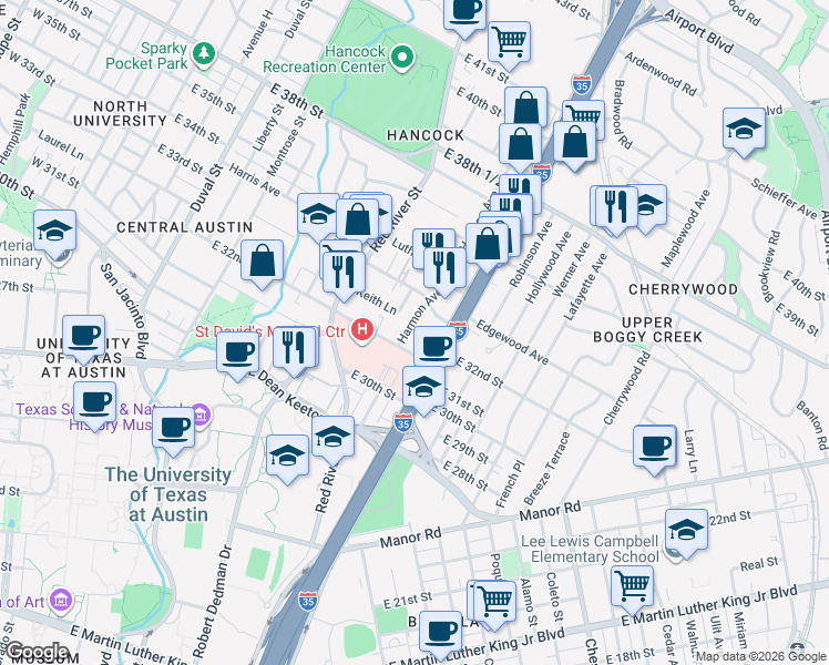 map of restaurants, bars, coffee shops, grocery stores, and more near 3233 Harmon Avenue in Austin