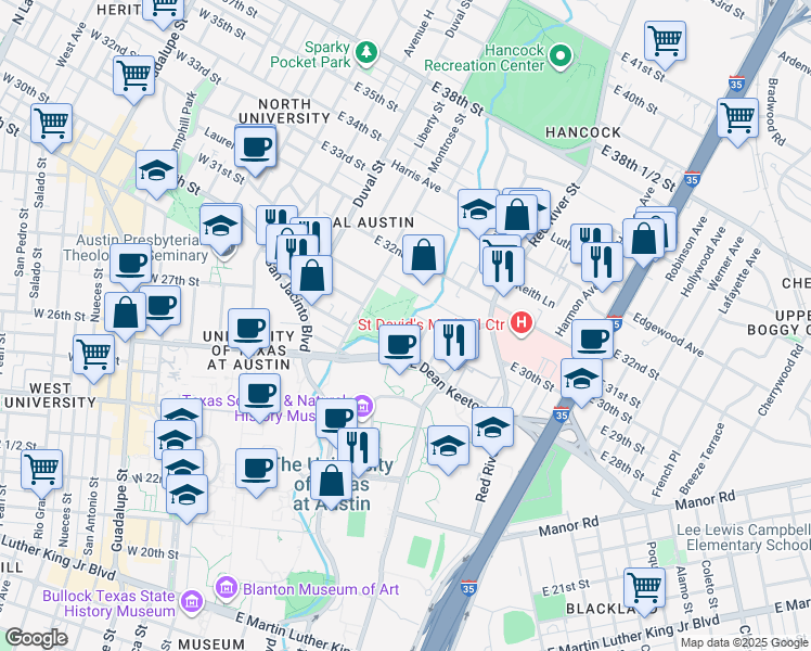 map of restaurants, bars, coffee shops, grocery stores, and more near 3001 Harris Park Avenue in Austin