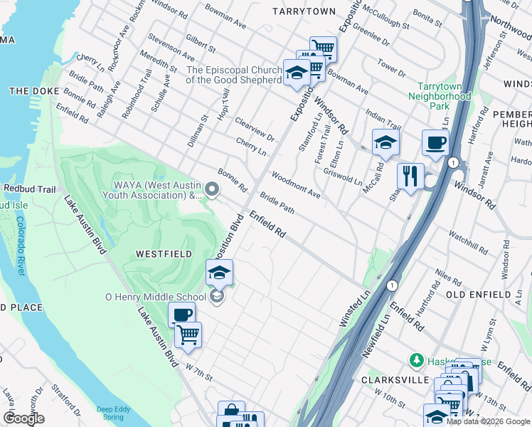 map of restaurants, bars, coffee shops, grocery stores, and more near 2617 Bridle Path in Austin