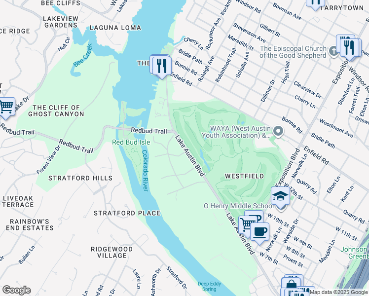 map of restaurants, bars, coffee shops, grocery stores, and more near 3434-3574 Lake Austin Blvd in Austin