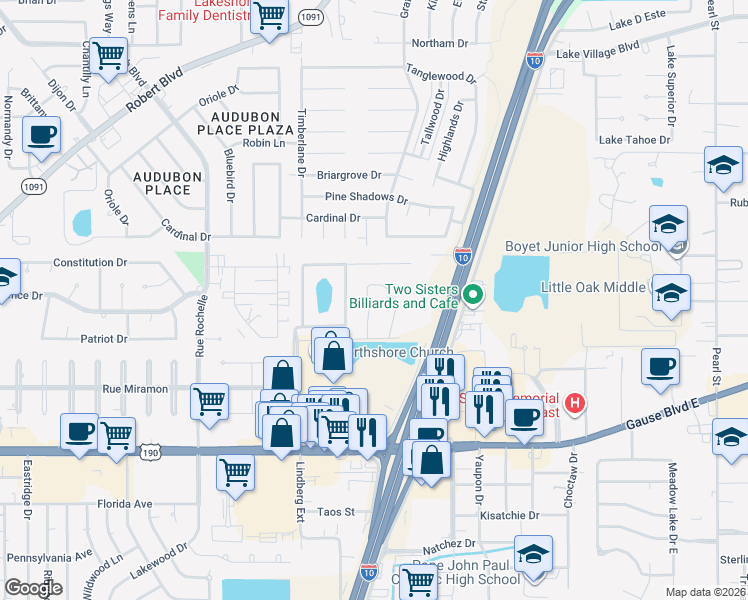 map of restaurants, bars, coffee shops, grocery stores, and more near 125 Nickel Loop in Slidell