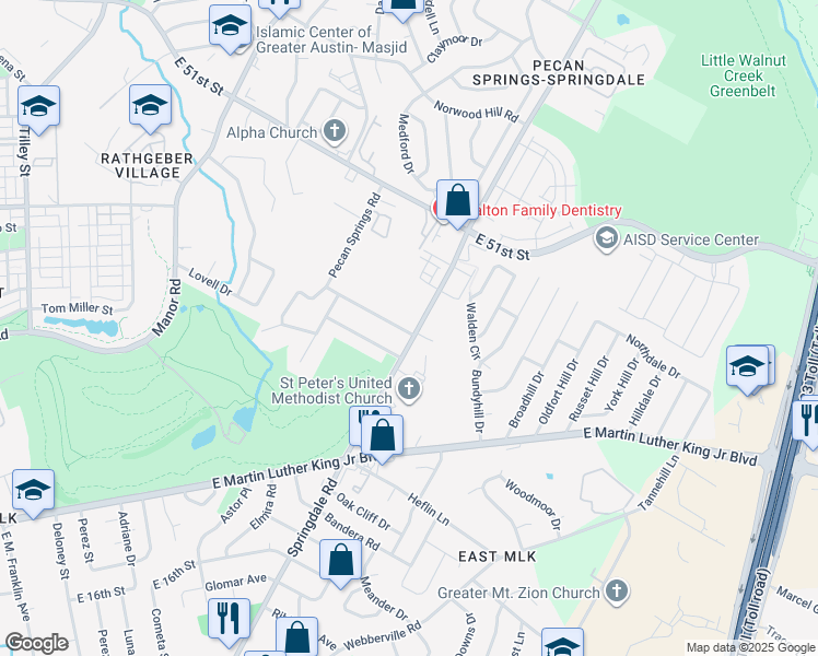 map of restaurants, bars, coffee shops, grocery stores, and more near 3500 Pecan Springs Road in Austin