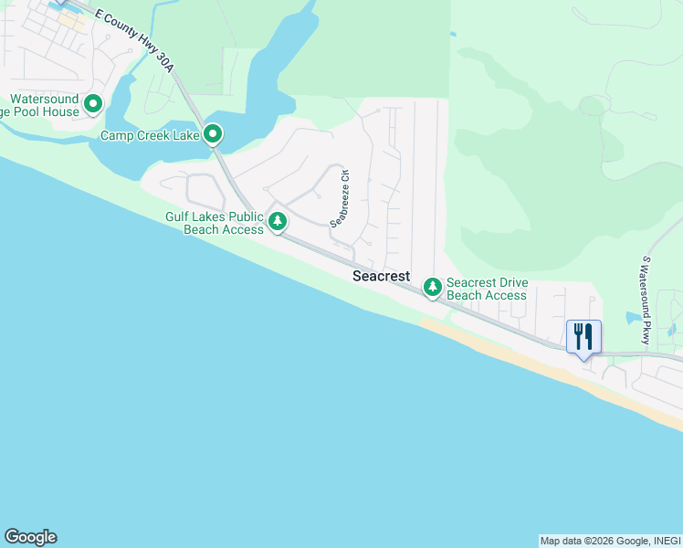 map of restaurants, bars, coffee shops, grocery stores, and more near 25 Seabreeze Trail in Seacrest