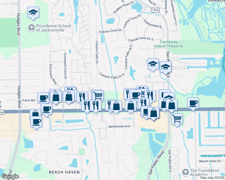 map of restaurants, bars, coffee shops, grocery stores, and more near 3025 Rockford Falls Drive North in Jacksonville