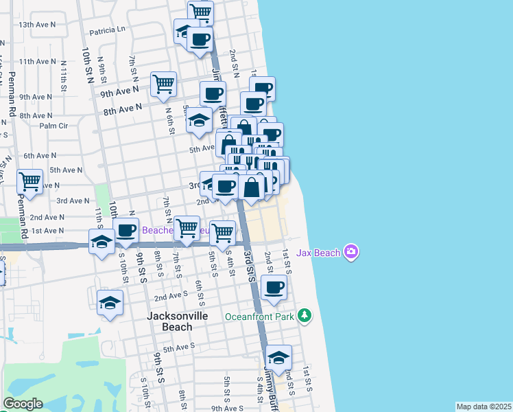 map of restaurants, bars, coffee shops, grocery stores, and more near 11 3rd Street South in Jacksonville Beach