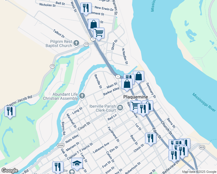 map of restaurants, bars, coffee shops, grocery stores, and more near Main Street in Plaquemine