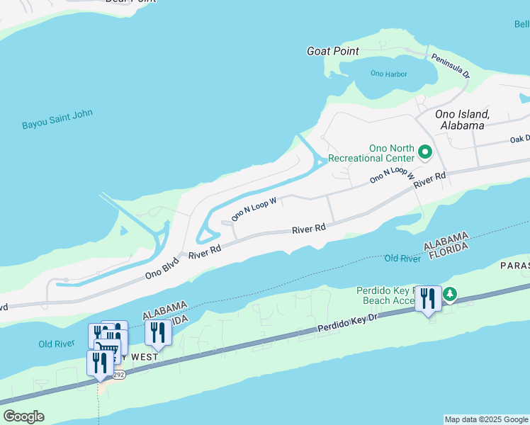 map of restaurants, bars, coffee shops, grocery stores, and more near 30339 Ono North Loop West in Orange Beach