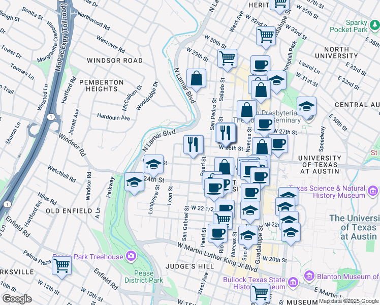 map of restaurants, bars, coffee shops, grocery stores, and more near 2508 San Gabriel Street in Austin