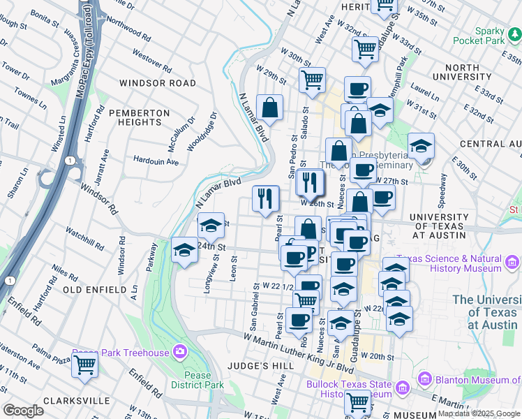 map of restaurants, bars, coffee shops, grocery stores, and more near 2508 San Gabriel Street in Austin