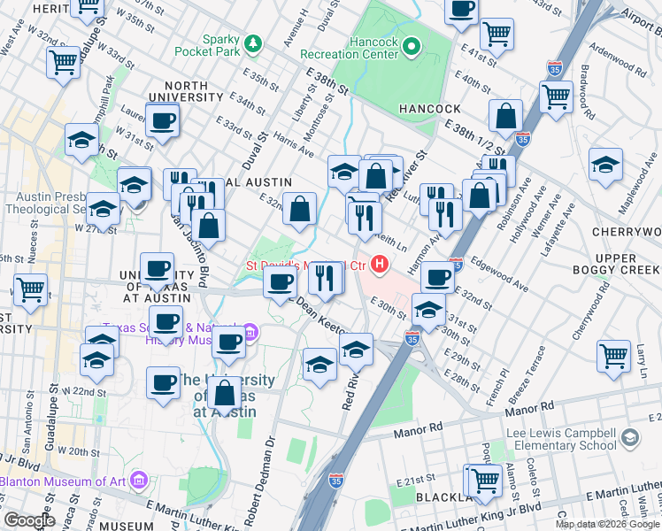 map of restaurants, bars, coffee shops, grocery stores, and more near 3110 Red River Street in Austin