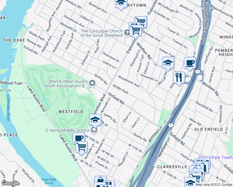 map of restaurants, bars, coffee shops, grocery stores, and more near 2516 Enfield Road in Austin