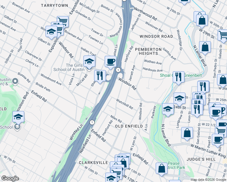 map of restaurants, bars, coffee shops, grocery stores, and more near 2307 Newfield Lane in Austin