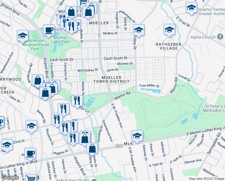 map of restaurants, bars, coffee shops, grocery stores, and more near 3801 Berkman Drive in Austin