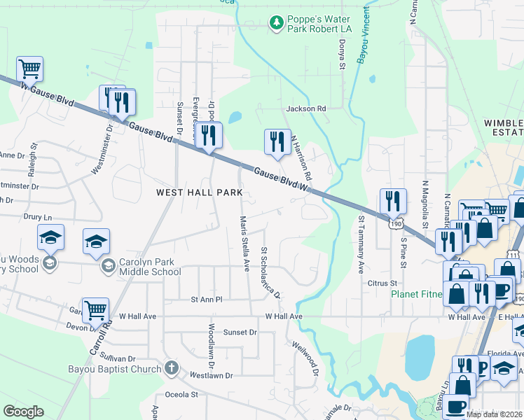map of restaurants, bars, coffee shops, grocery stores, and more near 800 Maris Stella Avenue in Slidell