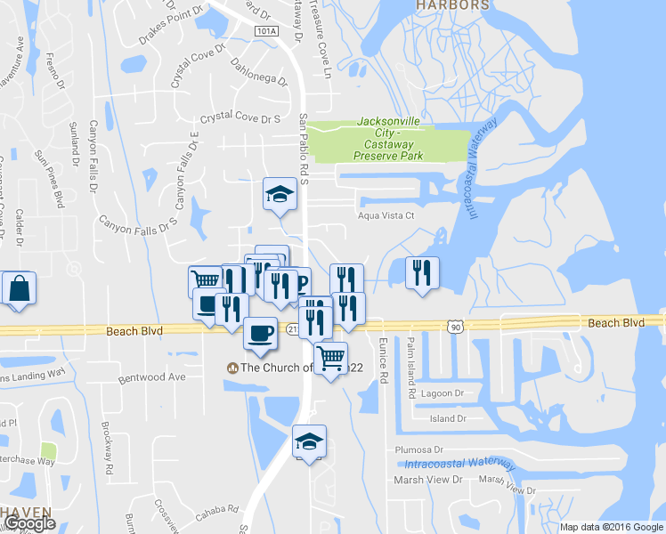 map of restaurants, bars, coffee shops, grocery stores, and more near 14398 Pelican Bay Court in Jacksonville