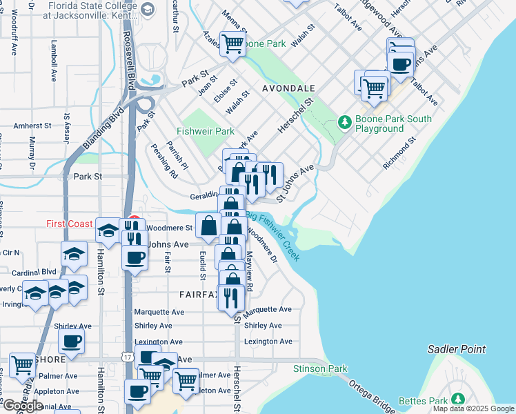 map of restaurants, bars, coffee shops, grocery stores, and more near 3991 Saint Johns Avenue in Jacksonville