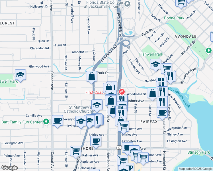 map of restaurants, bars, coffee shops, grocery stores, and more near 4525 Wheeler Avenue in Jacksonville
