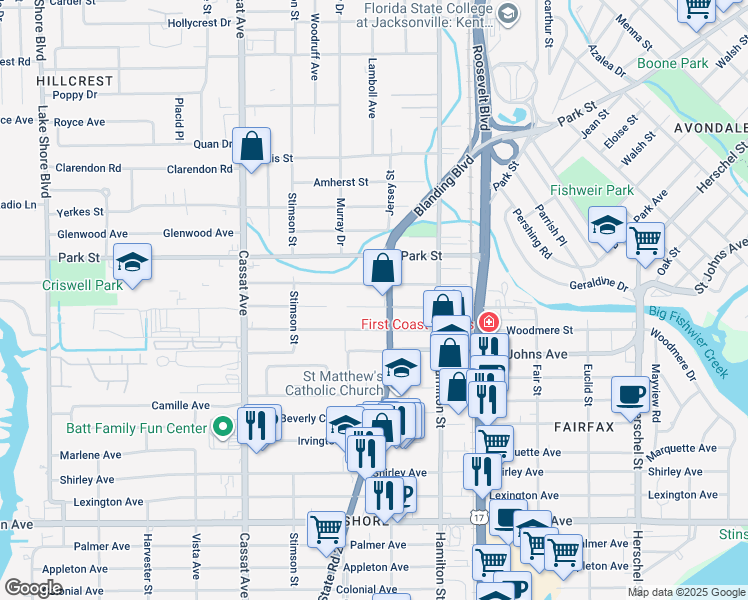 map of restaurants, bars, coffee shops, grocery stores, and more near 4609 Wheeler Avenue in Jacksonville