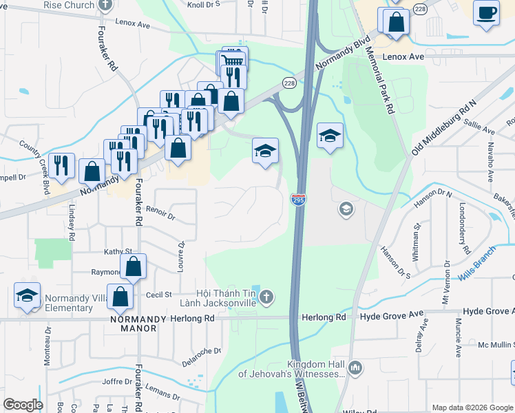 map of restaurants, bars, coffee shops, grocery stores, and more near 1617 Spring Oaks Lane in Jacksonville