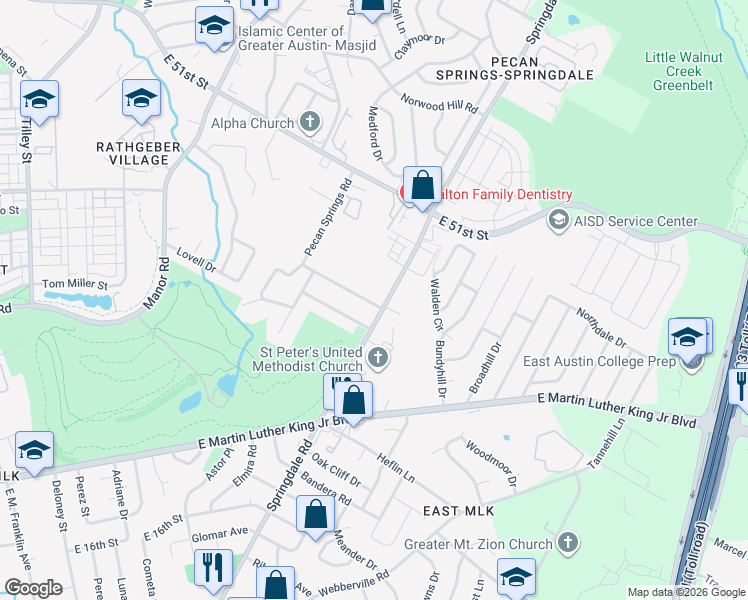 map of restaurants, bars, coffee shops, grocery stores, and more near 3500 Pecan Springs Road in Austin