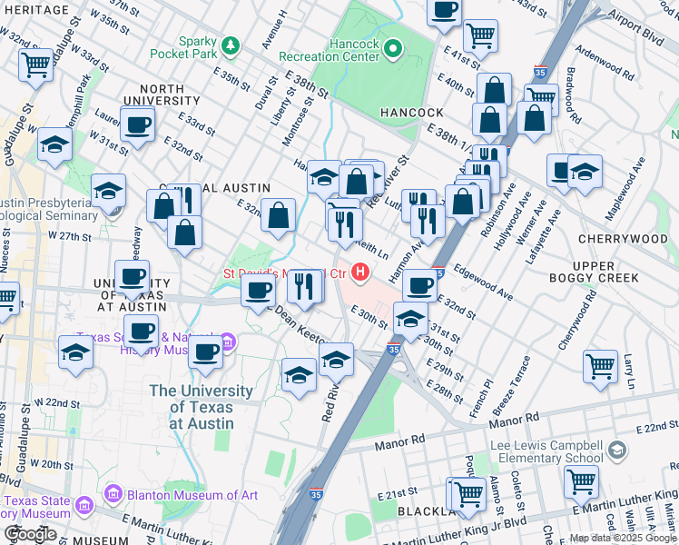 map of restaurants, bars, coffee shops, grocery stores, and more near 919 1/2 East 32nd Street in Austin