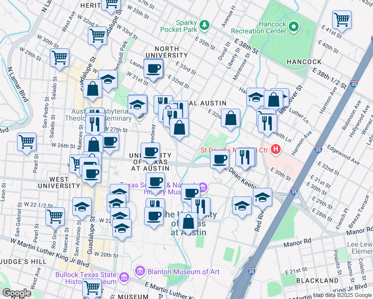 map of restaurants, bars, coffee shops, grocery stores, and more near in Austin