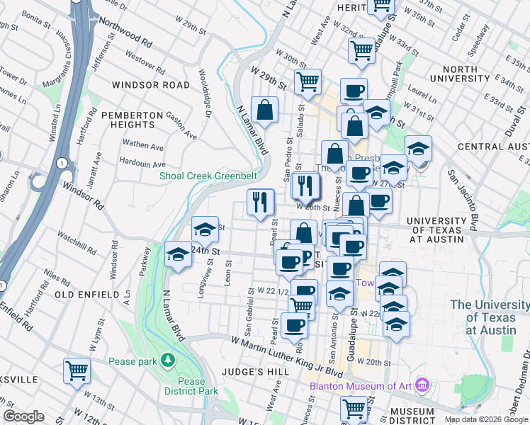 map of restaurants, bars, coffee shops, grocery stores, and more near 914 West 26th Street in Austin