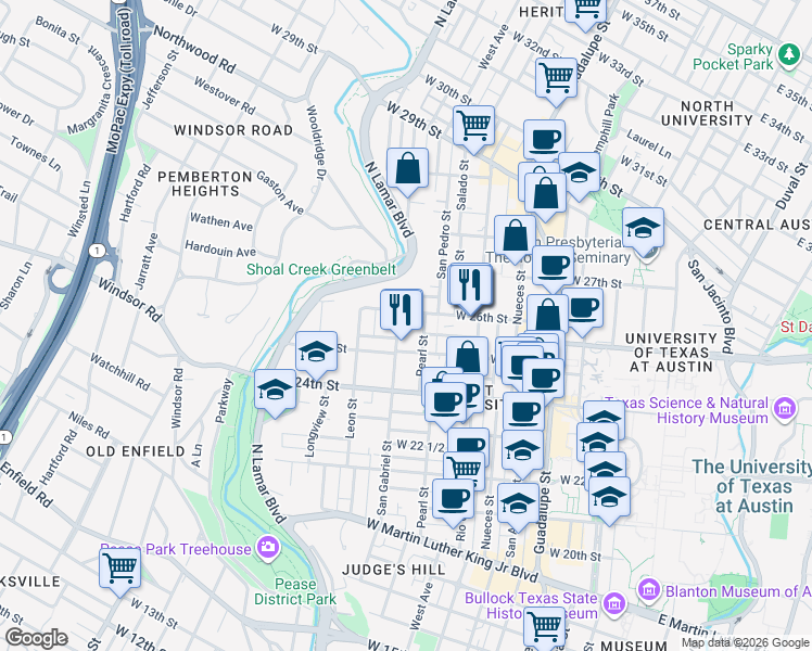 map of restaurants, bars, coffee shops, grocery stores, and more near 914 West 26th Street in Austin
