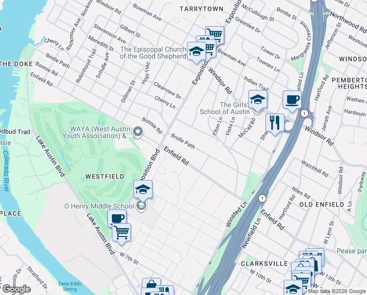 map of restaurants, bars, coffee shops, grocery stores, and more near 2508 Bridle Path in Austin