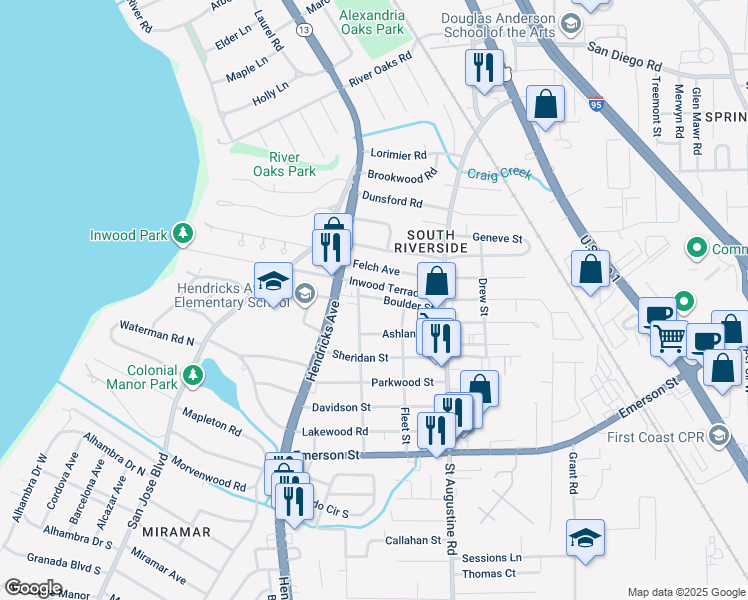 map of restaurants, bars, coffee shops, grocery stores, and more near 1630 Boulder Street in Jacksonville