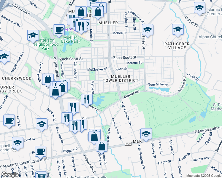 map of restaurants, bars, coffee shops, grocery stores, and more near 3807 Threadgill Street in Austin