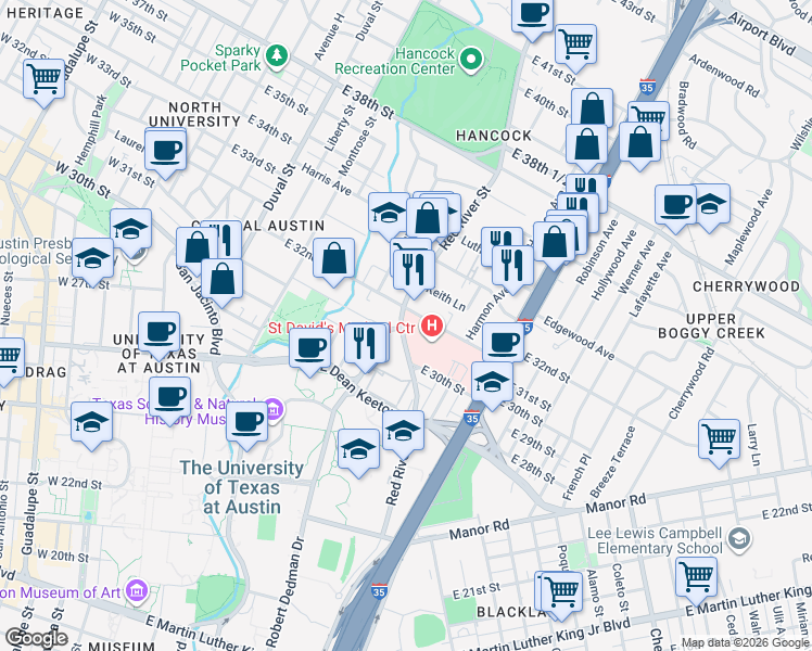 map of restaurants, bars, coffee shops, grocery stores, and more near in Austin
