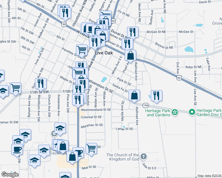 map of restaurants, bars, coffee shops, grocery stores, and more near 412 Santa Fe Street South East in Live Oak