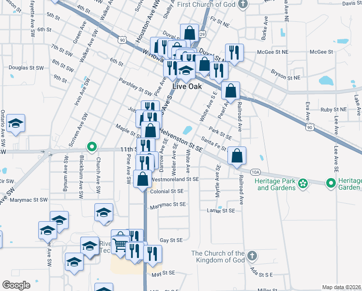 map of restaurants, bars, coffee shops, grocery stores, and more near 301 Helvenston Street Southeast in Live Oak