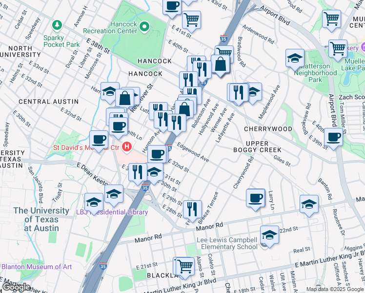 map of restaurants, bars, coffee shops, grocery stores, and more near Robinson Avenue in Austin