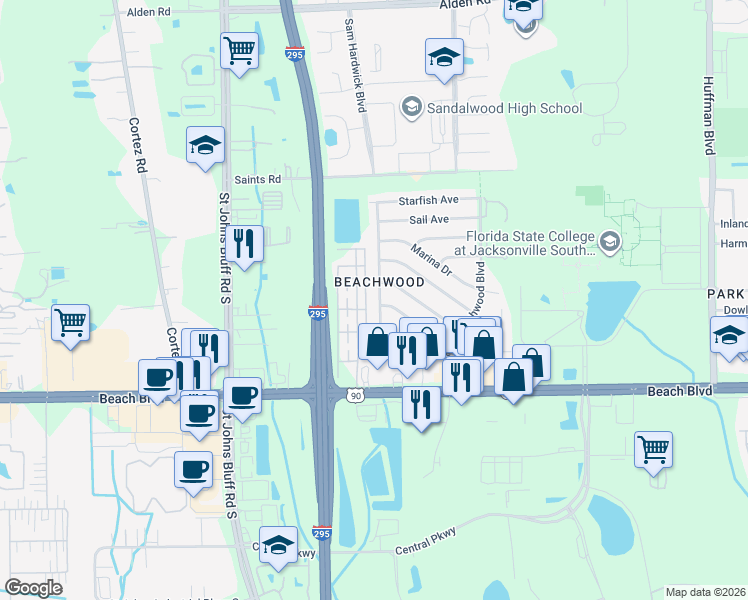 map of restaurants, bars, coffee shops, grocery stores, and more near 11604 Cape Horn Avenue in Jacksonville