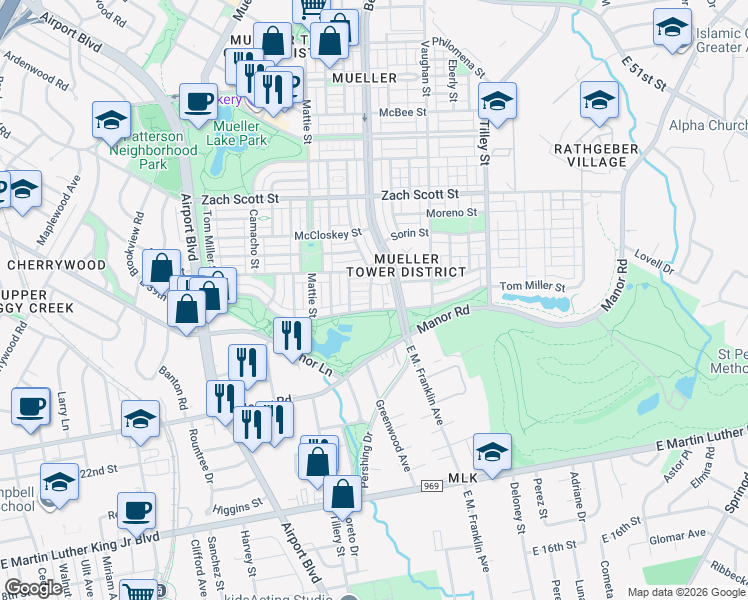 map of restaurants, bars, coffee shops, grocery stores, and more near 3807 Threadgill Street in Austin