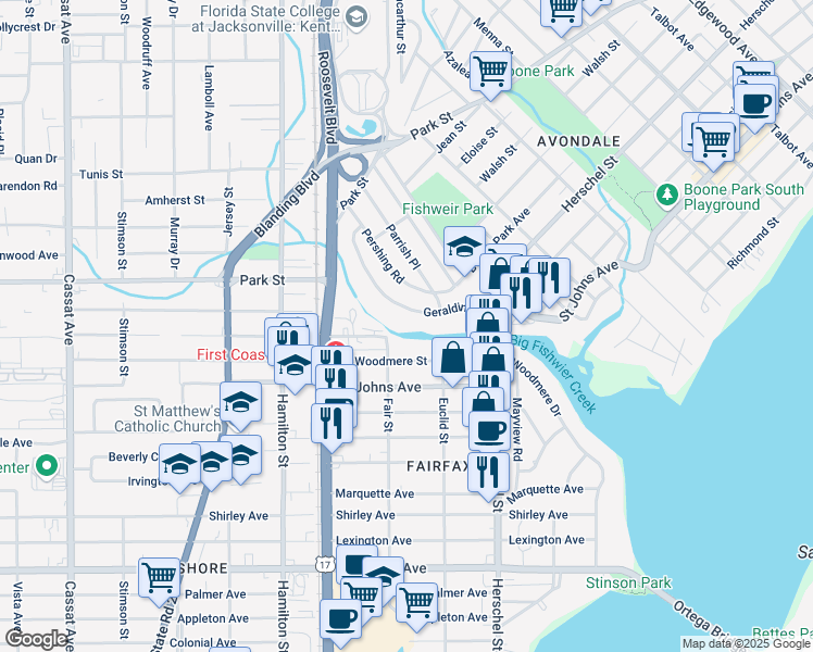 map of restaurants, bars, coffee shops, grocery stores, and more near 1658 Geraldine Drive in Jacksonville