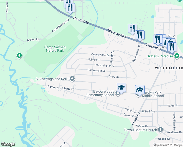 map of restaurants, bars, coffee shops, grocery stores, and more near 326 Portsmouth Drive in Slidell