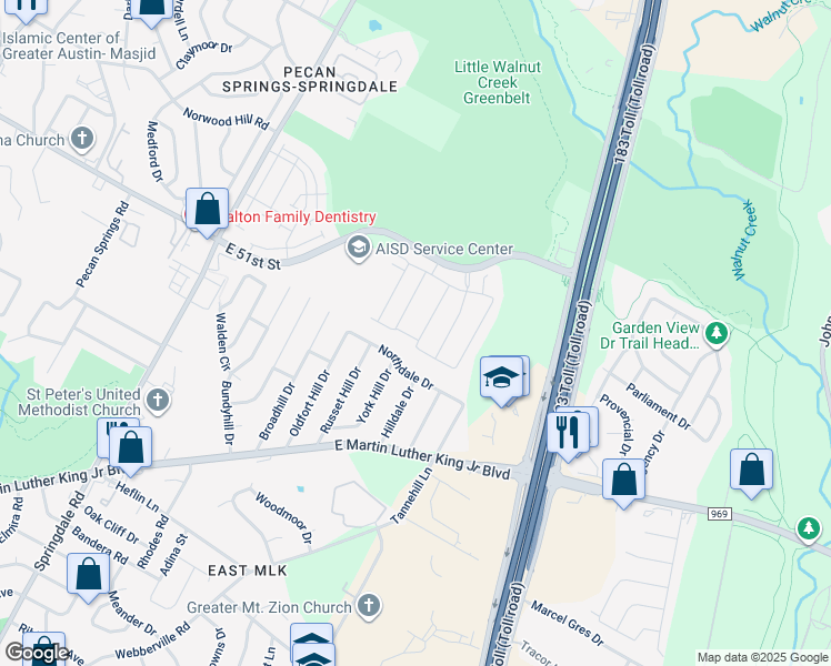 map of restaurants, bars, coffee shops, grocery stores, and more near 5208 Tower Trail in Austin