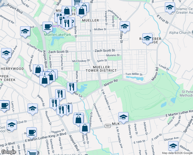 map of restaurants, bars, coffee shops, grocery stores, and more near 2805 McCurdy Street in Austin