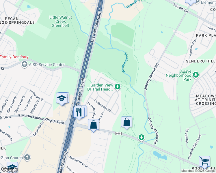 map of restaurants, bars, coffee shops, grocery stores, and more near 5404 Garden View Cove in Austin