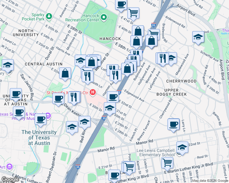 map of restaurants, bars, coffee shops, grocery stores, and more near 3233 Harmon Avenue in Austin