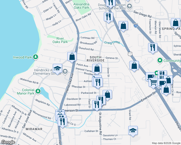map of restaurants, bars, coffee shops, grocery stores, and more near 1905 Inwood Terrace in Jacksonville