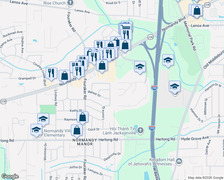 map of restaurants, bars, coffee shops, grocery stores, and more near 7892 Springtime Lane in Jacksonville