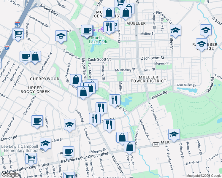 map of restaurants, bars, coffee shops, grocery stores, and more near 3925 Sahm Street in Austin