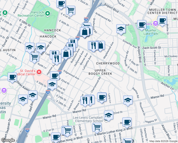 map of restaurants, bars, coffee shops, grocery stores, and more near 1401 Concordia Avenue in Austin