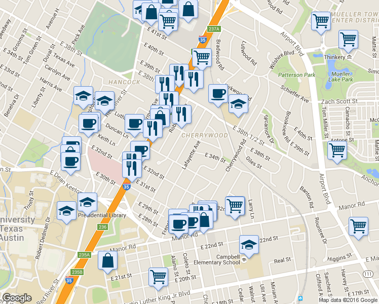 map of restaurants, bars, coffee shops, grocery stores, and more near 3404 Werner Avenue in Austin