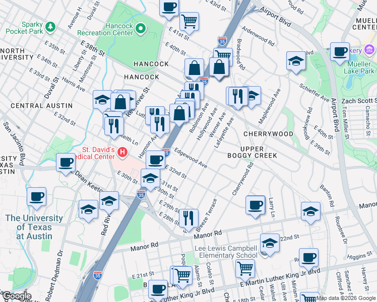 map of restaurants, bars, coffee shops, grocery stores, and more near 3309b Robinson Avenue in Austin