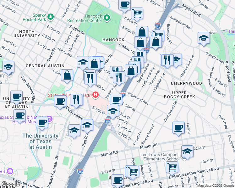 map of restaurants, bars, coffee shops, grocery stores, and more near 3233 Harmon Avenue in Austin